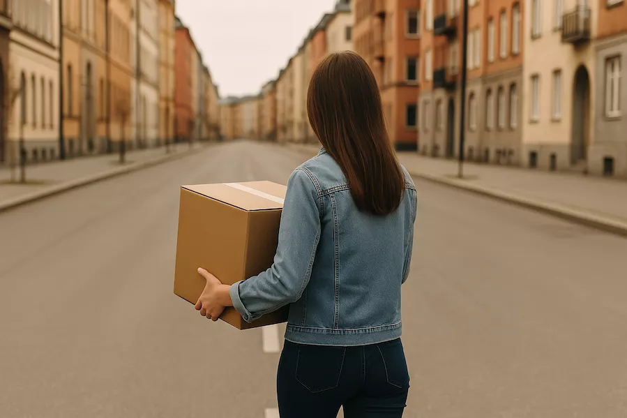 Flytta till ny stad utan nätverk – person bär flyttlåda på tom gata i ny stad